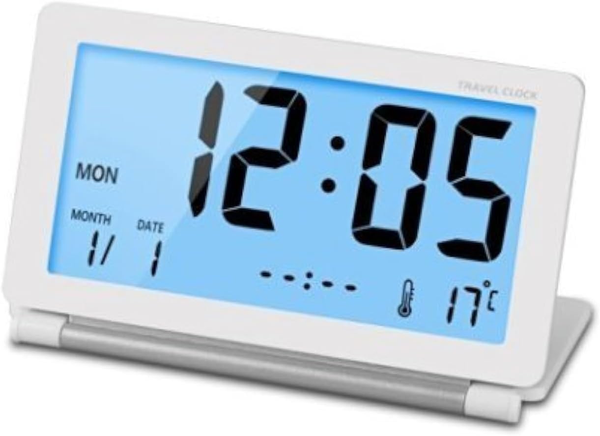 Digital Travel Alarm Timer LCD Clock with Foldable Calendar Temperature Timer Snooze Mode, Battery Operated, Portable Large Number Display Alarm 12/24 H Small Desk Clock (White)