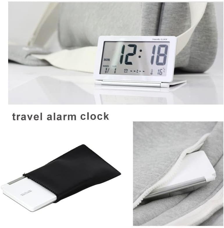 Digital Travel Alarm Timer LCD Clock with Foldable Calendar Temperature Timer Snooze Mode, Battery Operated, Portable Large Number Display Alarm 12/24 H Small Desk Clock (White)