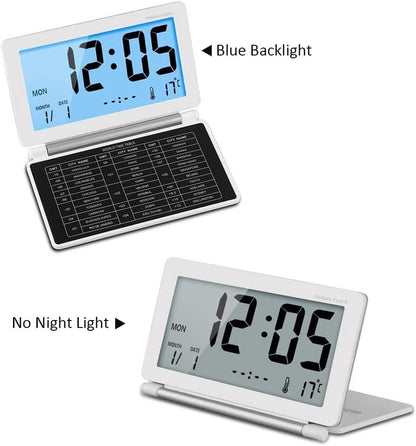 Digital Travel Alarm Timer LCD Clock with Foldable Calendar Temperature Timer Snooze Mode, Battery Operated, Portable Large Number Display Alarm 12/24 H Small Desk Clock (White)