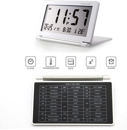 Digital Travel Alarm Timer LCD Clock with Foldable Calendar Temperature Timer Snooze Mode, Battery Operated, Portable Large Number Display Alarm 12/24 H Small Desk Clock (White)