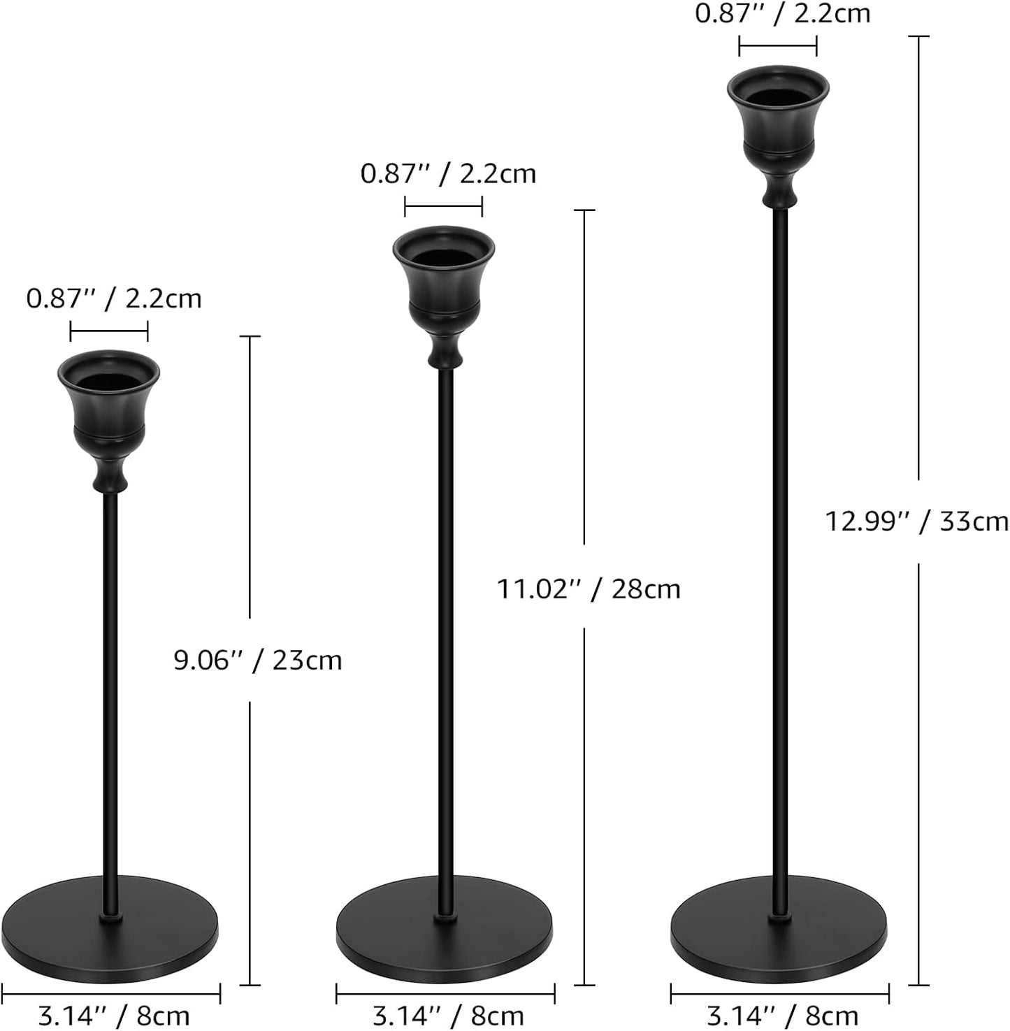 Candle Holders for Taper Candles Set of 3 Decorative Candlestick Holders for Wedding, Dinning, Party Fits 3/4 inch Thick Candle&Led Candles (B Black)