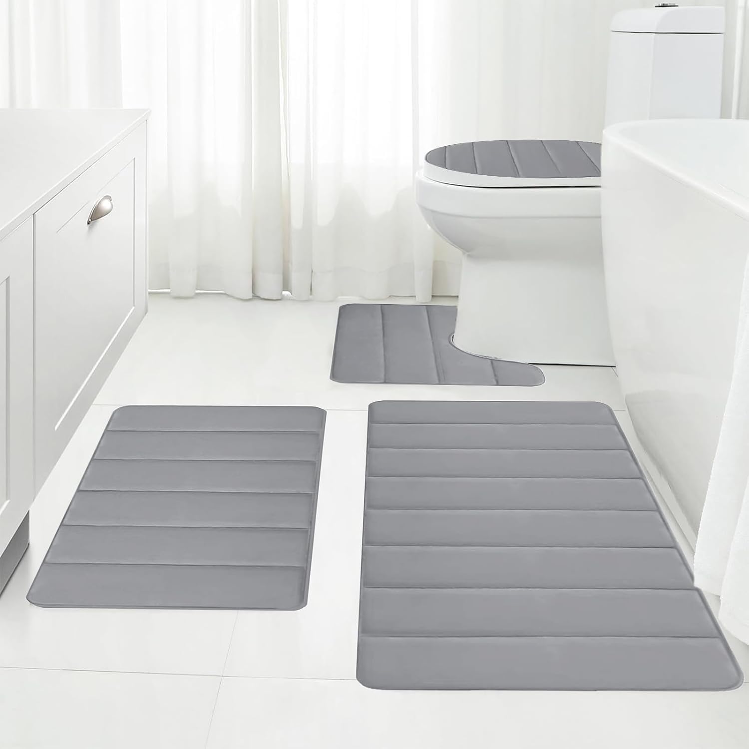 Bath Rug Set 4 Pcs Bathroom Mat Basic Memory Foam Bathroom Rugs Soft Toilet Mats Water Absorption Non-Slip Bottom Mat Thick Quick-Dry(Grey)