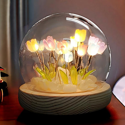 Handmade Tulip Lamp - Purple Floral Night Light Decorative Cozy Lighting with Artificial Flowers Cute and Charming Tulip Light for Relaxing Atmosphere