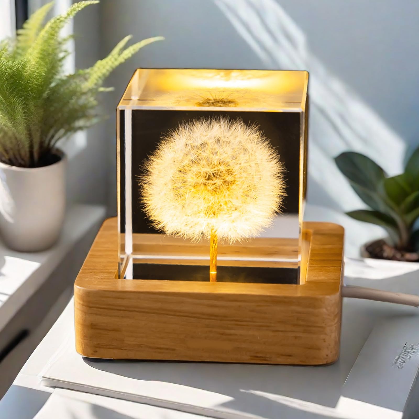 Flower Crystal Ball Night Lamp, Preserved Flower Daisy Clear Glass Ball Night Light with Wood Base, 2.4 inch Decoration Light for Bedroom Living Room Decor Housewarming Unique Gift - Red Daisy