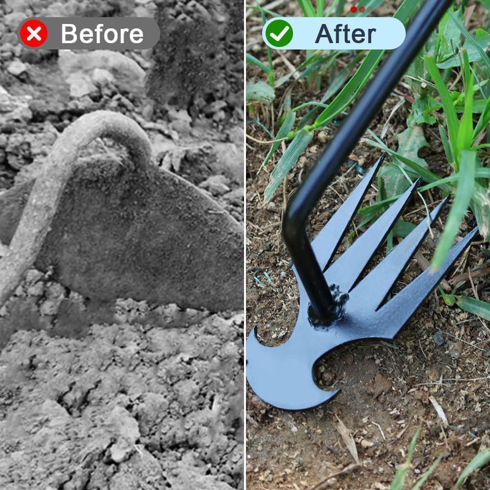 Uprooting Weed Tool,Dual Purpose Garden Weed Pulling Tool 4 Teeth Manganese Steel,with Handle Multifunctional Weeders Tool for Family use and Gift Giving (Rubber Handle)