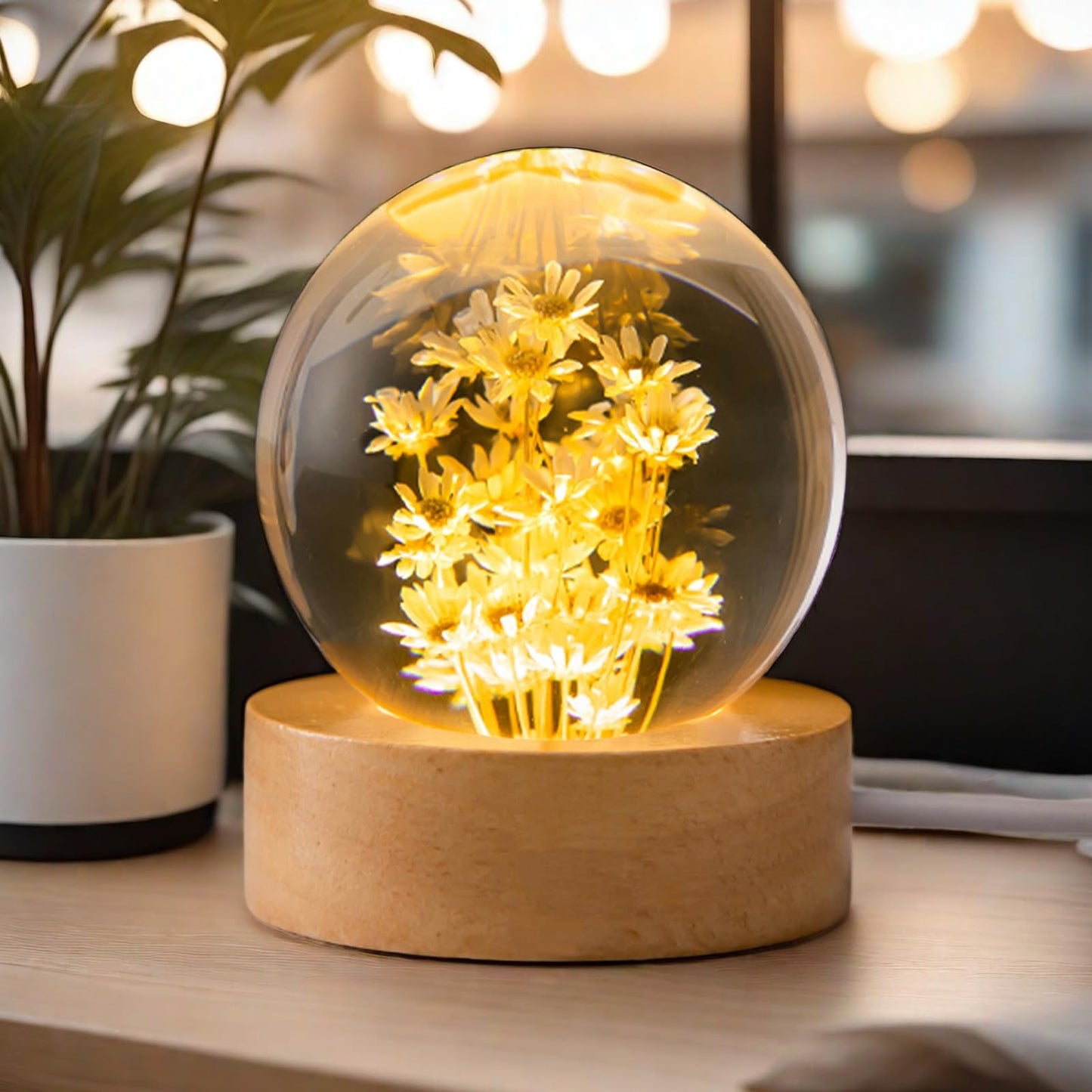 Flower Crystal Ball Night Lamp, Preserved Flower Daisy Clear Glass Ball Night Light with Wood Base, 2.4 inch Decoration Light for Bedroom Living Room Decor Housewarming Unique Gift - Red Daisy