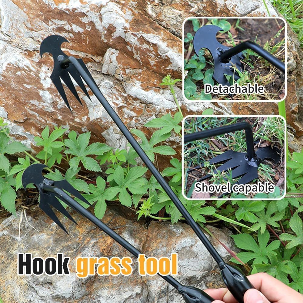 Uprooting Weed Tool,Dual Purpose Garden Weed Pulling Tool 4 Teeth Manganese Steel,with Handle Multifunctional Weeders Tool for Family use and Gift Giving (Rubber Handle)