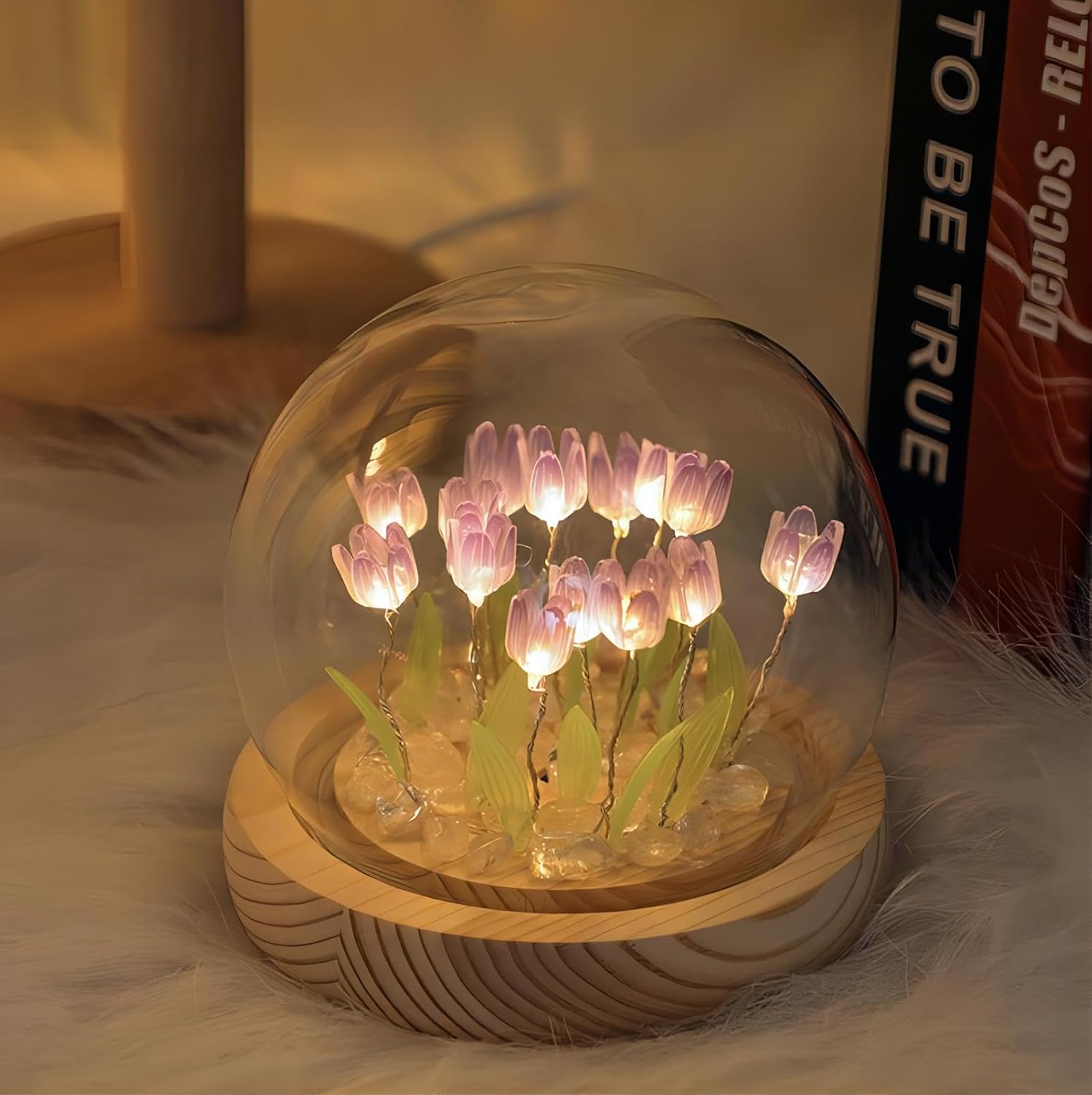 Handmade Tulip Lamp - Purple Floral Night Light Decorative Cozy Lighting with Artificial Flowers Cute and Charming Tulip Light for Relaxing Atmosphere