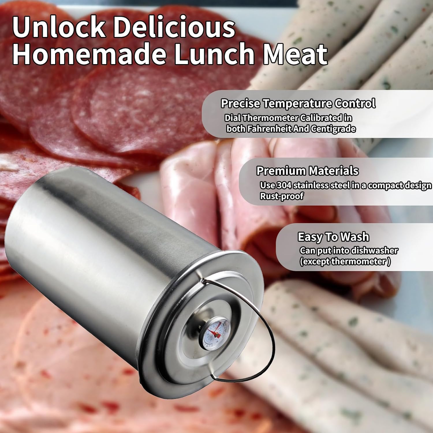 Deli Meat Maker 304 Stainless Steel Ham Press Maker with Thermometer for Making Homemade Lunch Meat Maker