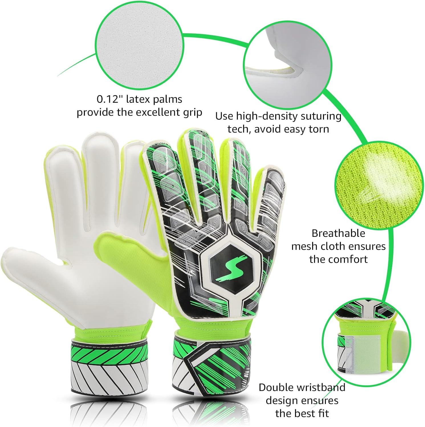 Soccer Goalie Gloves Kids Youth Adult, Goalkeeper Gloves Strong Grip with Fingersave and Double Wrist Protection, Fit Match Training