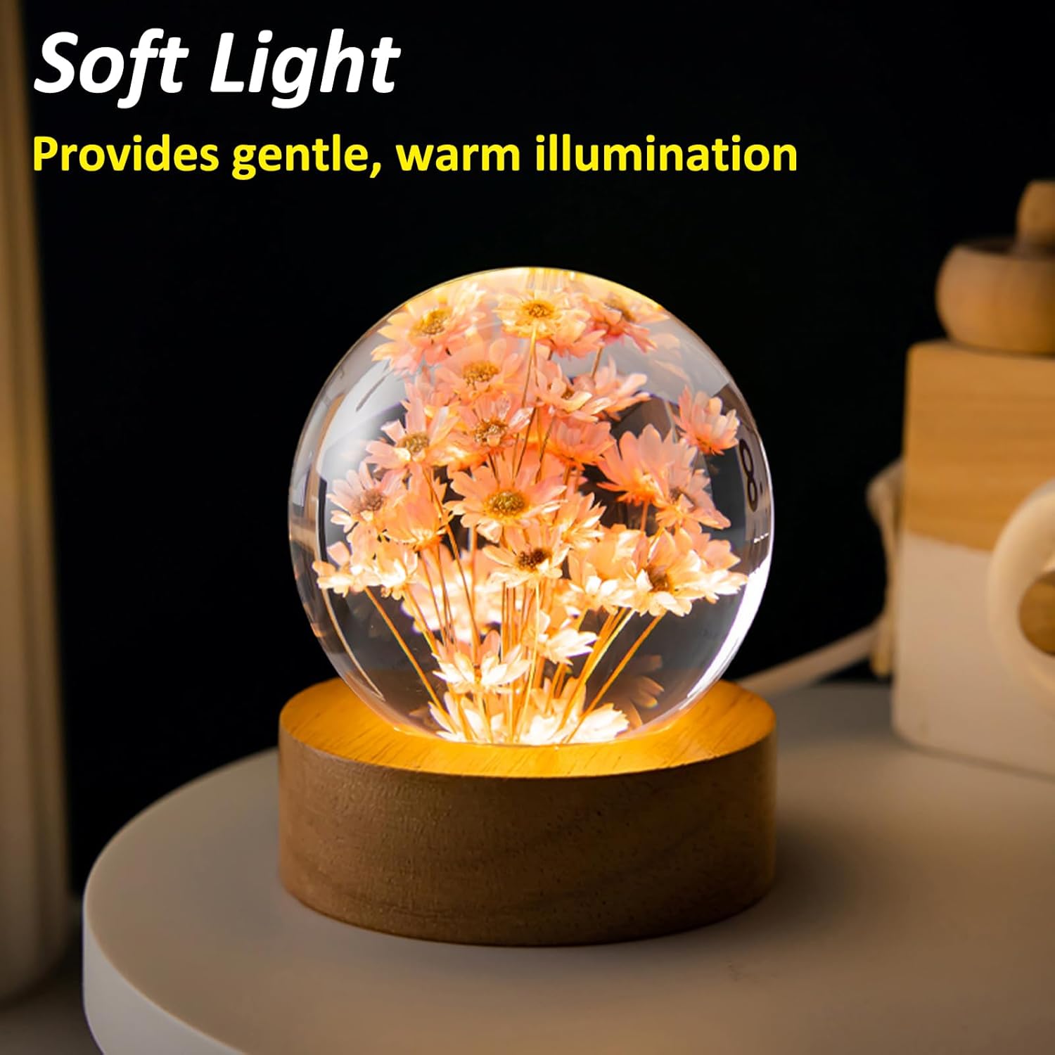 Flower Crystal Ball Night Lamp, Preserved Flower Daisy Clear Glass Ball Night Light with Wood Base, 2.4 inch Decoration Light for Bedroom Living Room Decor Housewarming Unique Gift - Red Daisy