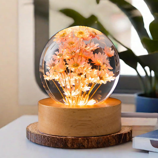 Flower Crystal Ball Night Lamp, Preserved Flower Daisy Clear Glass Ball Night Light with Wood Base, 2.4 inch Decoration Light for Bedroom Living Room Decor Housewarming Unique Gift - Red Daisy