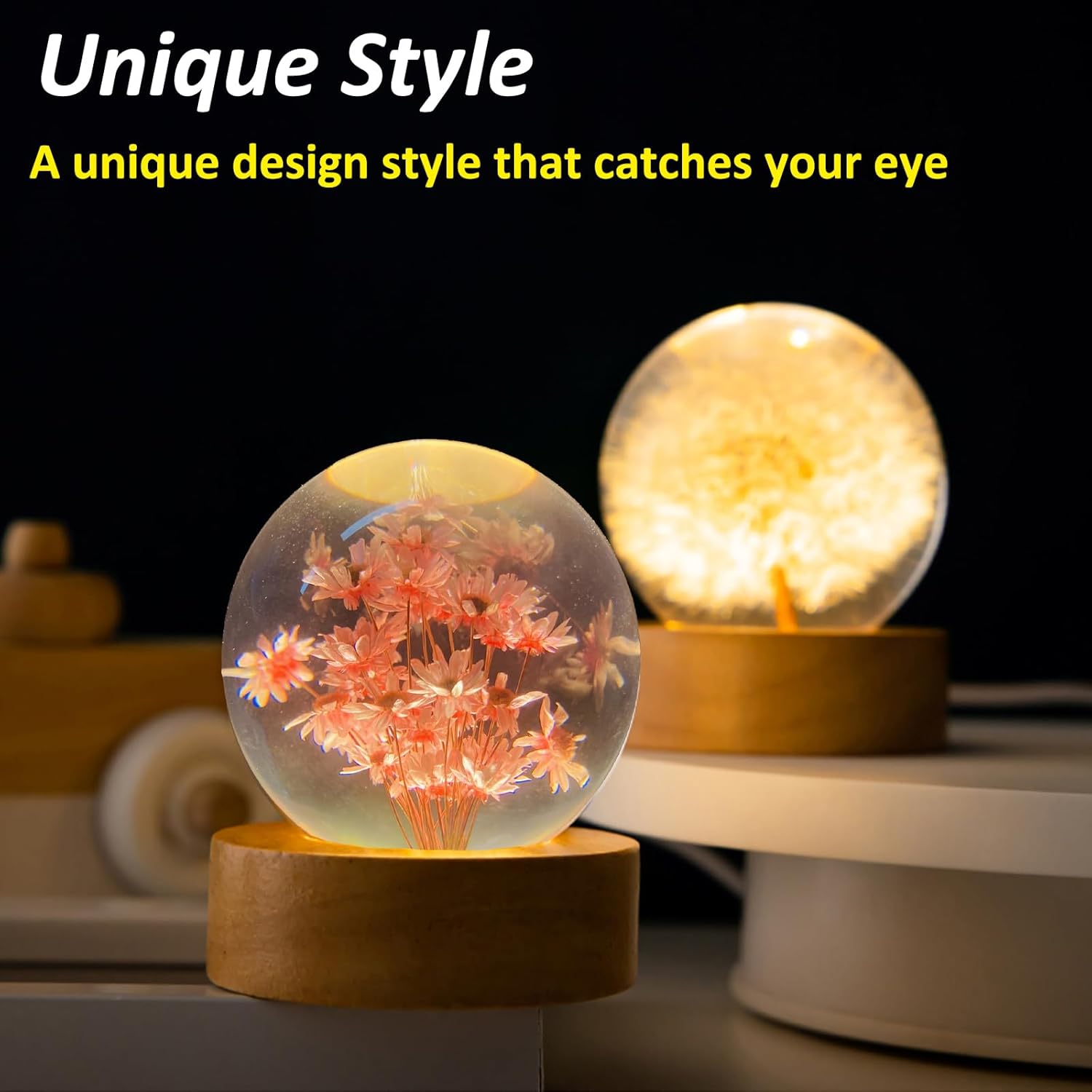 Flower Crystal Ball Night Lamp, Preserved Flower Daisy Clear Glass Ball Night Light with Wood Base, 2.4 inch Decoration Light for Bedroom Living Room Decor Housewarming Unique Gift - Red Daisy