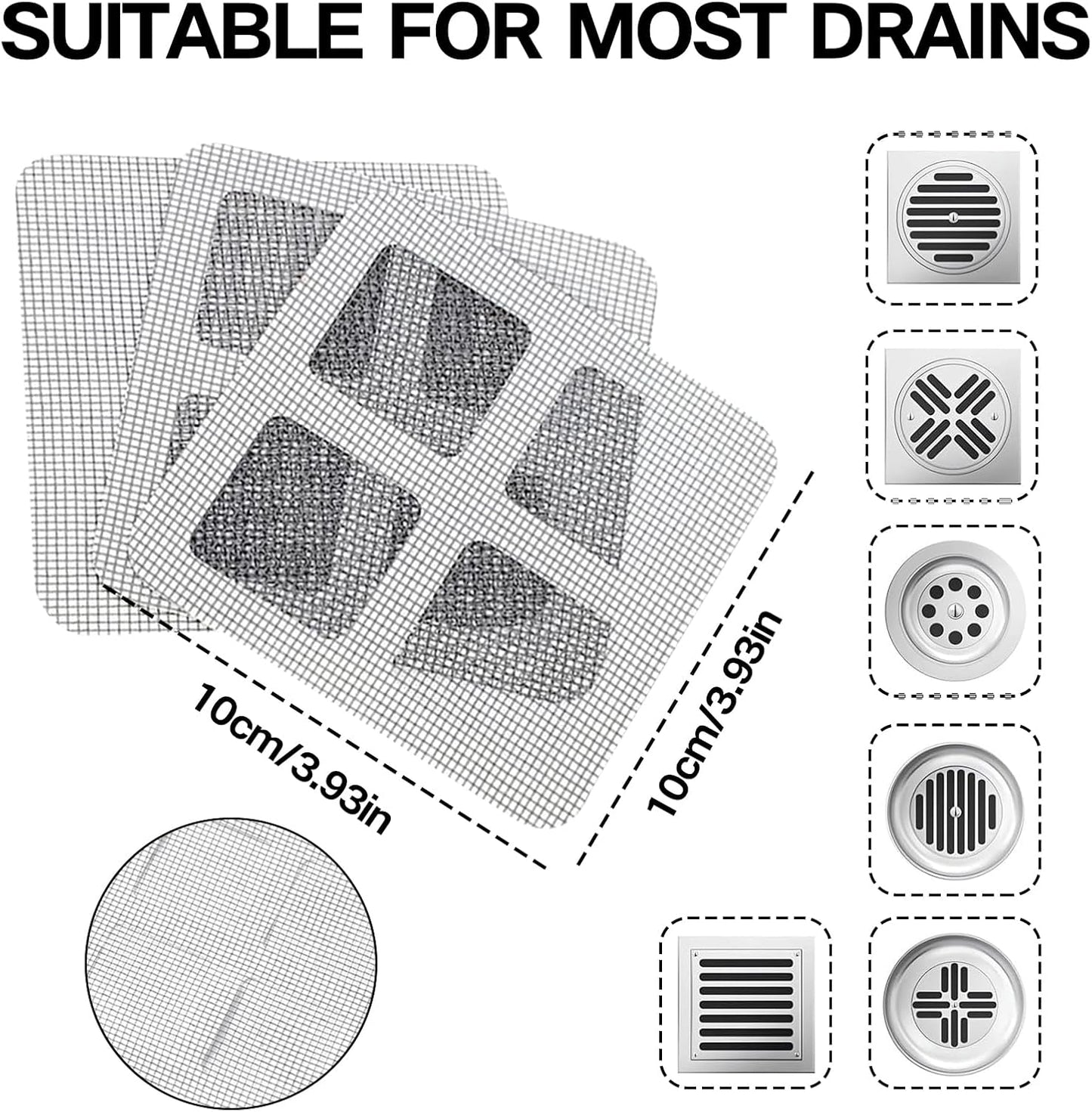 4" X 4" Disposable Shower Drain Cover Hair Catcher Shower Drain Mesh Stickers for Bathroom, Laundry, Bathtub, Kitchen, Sink, Easy to Clean, Can Catch Human and pet Hair (30 PCS)