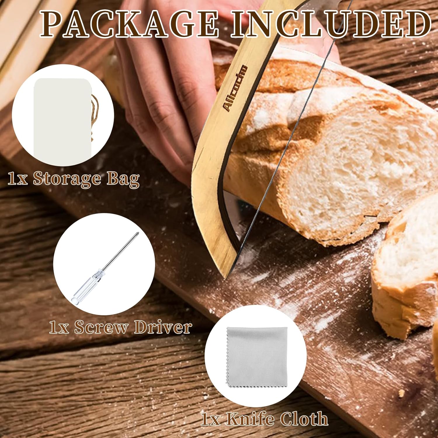 Serrated Bread Knife Wooden Bread Bow Knife Sourdough Cutter Rust-Proof Carbon Steel Blade for Homemade Bread Slicing