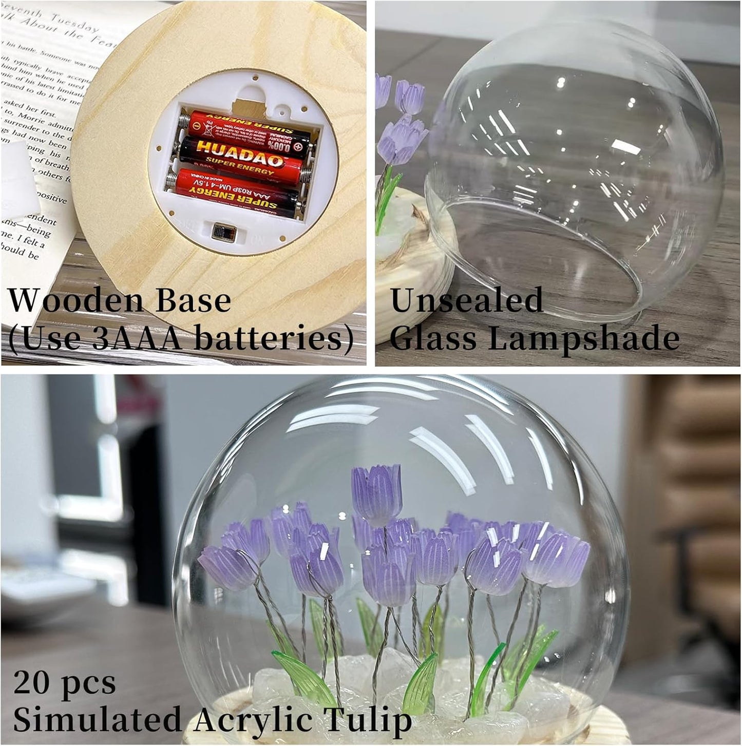 Handmade Tulip Lamp - Purple Floral Night Light Decorative Cozy Lighting with Artificial Flowers Cute and Charming Tulip Light for Relaxing Atmosphere